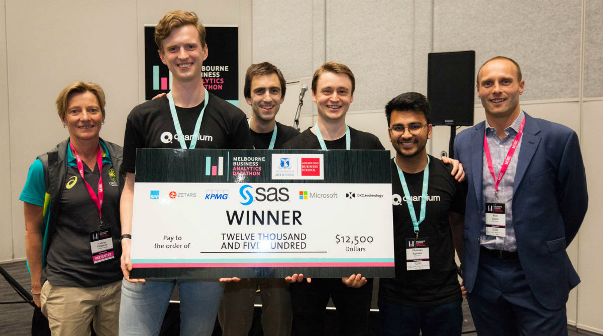 2019 Melbourne Business Analytics Datathon winners Team Quantium with competition judge Cathryn Fitzpatrick
