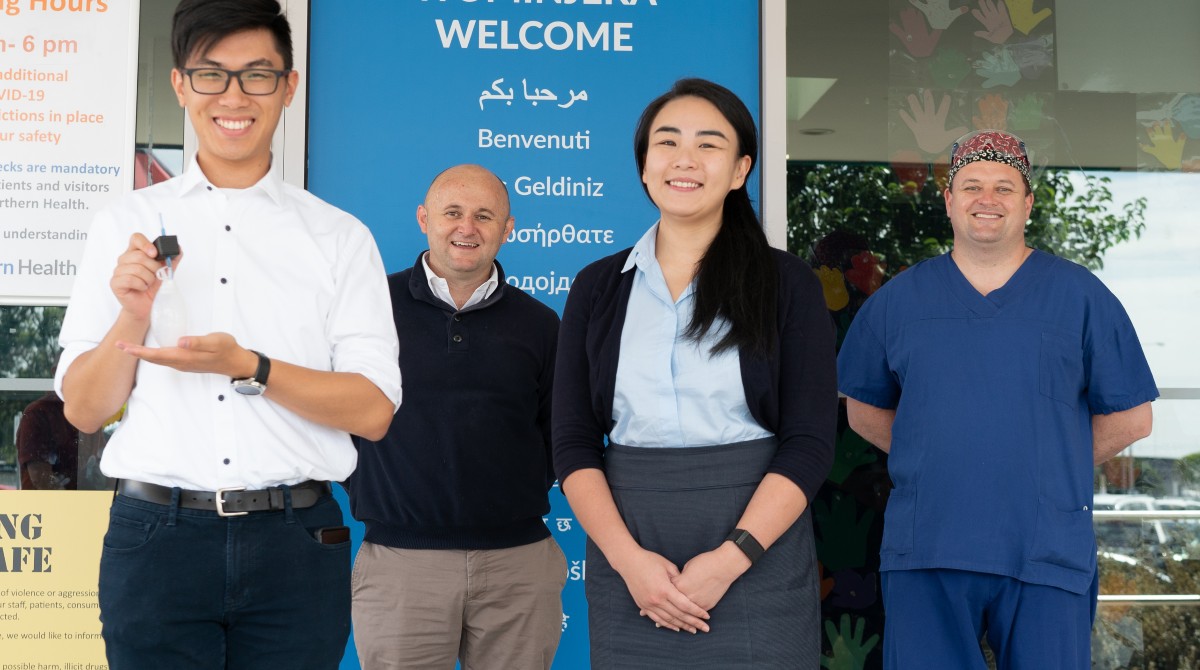 James Lo, Dylan Andrews and Lesley Lam of Team Yabi from the BioDesign Innovation subject at the University of Melbourne, with their industry collaborator, Northern Hospital doctor Russell Hodgson