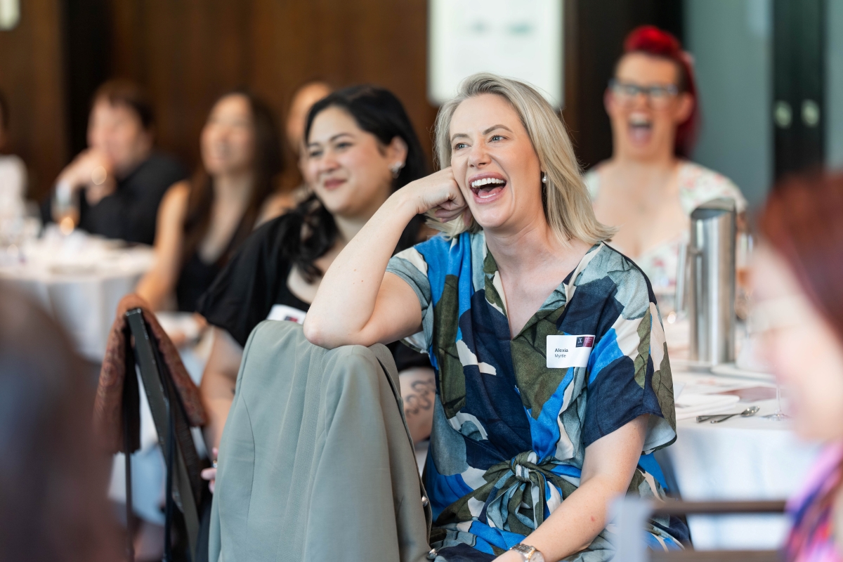 International Women's Day High Tea, 7 March 2026, The Westin Melbourne. Organised by Women’s Alumni Network President Claire Anglim (MBA 2023 and pictured, above) and committee members Caitlin Lynch (MBA 2021), Afsaneh Rashidi (MBA 2024) and Jennifer Mancuso (MBA 2023); to Women in Management Student Club President Fiona Sherwin and her team Mona Jhoty, Penny Bell, Jessica Maung and Jennifer Do. Panellists: Wendy Stops (Board Member, Coles and MBS), Elizabeth Wilson (CIO, Victorian Department of Education), Natasha Santha (Executive General Manager - Transformation, RACV), Associate Professor Jody Evans